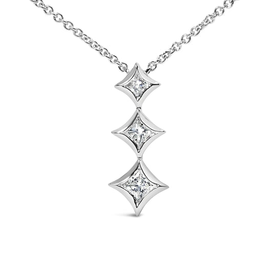 10K Gold 1/5 Cttw Princess Cut Diamond 3 Stone Drop 18" Pendant Necklace (H-I Colour, SI2-I1 Clarity)