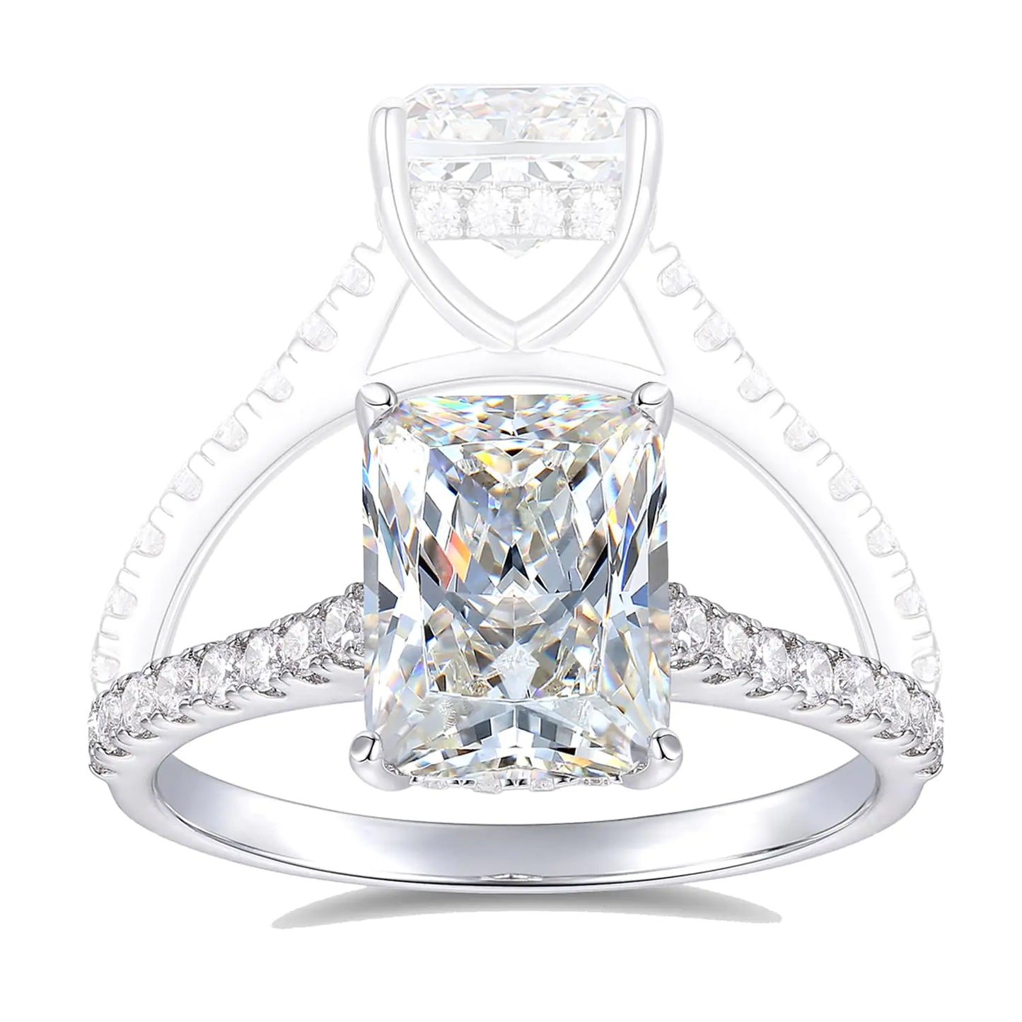 HAFEEZ CENTER 14K Solid White Gold 3ct Radiant Cut Moissanite Engagement Rings for Women Radiant Moissanite Ring (8.5)