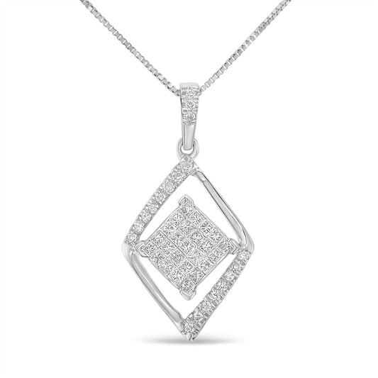 10k White Gold 1/3 Cttw Round and Princess-Cut Diamond Double Triangle 18" Pendant Necklace (H-I Colour, SI1-SI2 Clarity)