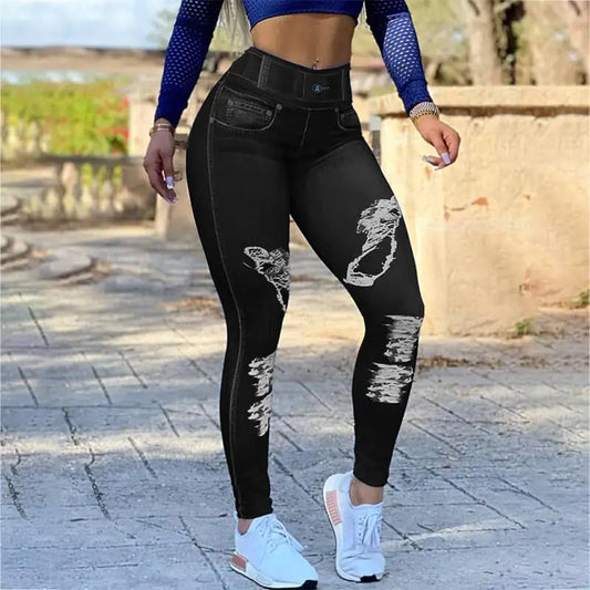 High Waist Stretch Faux Denim Leggings for Women